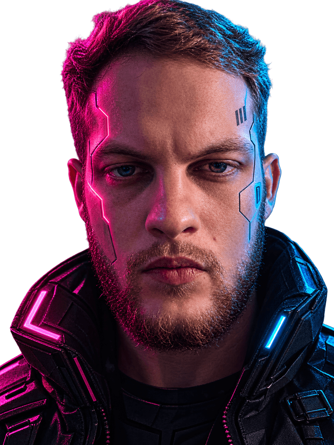 Cyberpunk portrait of Alan Jahnel with cyan and magenta lighting.