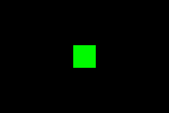 The example in mGBA: a green 32-by-32-pixel square on a black screen